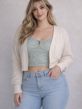 Women’s Outfit Bundle XL Top & Cardigan + Size 14 Jeans Neutral Cozy Sage Lace